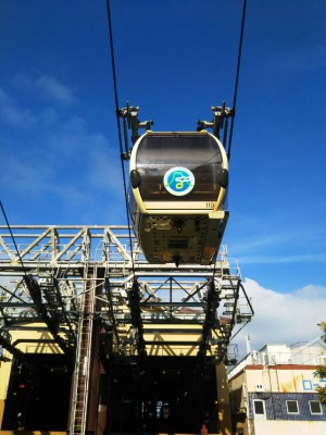 「早雲山駅を発着する箱根ロープウェイ」（Hakone Ropeway’s Flying Gondolas）